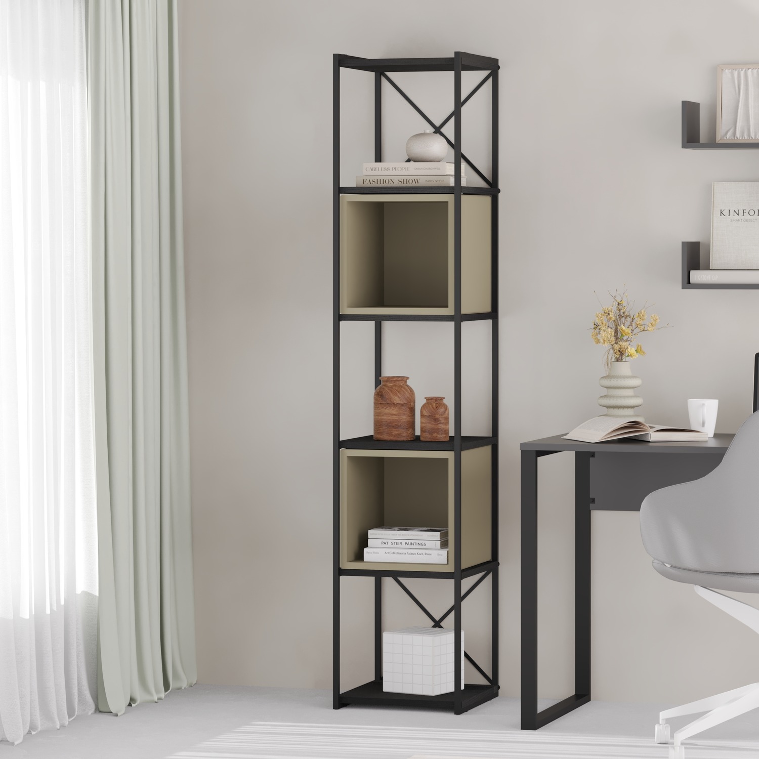 Decortie Vale Mini 18Mm Bookcase 5-Tier With Adjustable Shelves - Black Wood - Ash Green