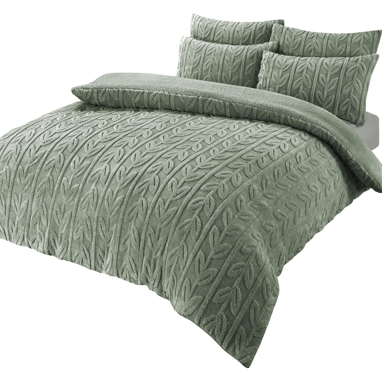 Leaf Printed Teddy Duvet Set - Sage Green Double