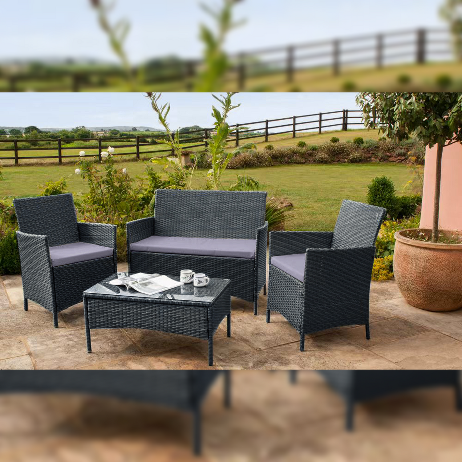 4 Piece Rattan Garden Furniture Set - Dark Grey