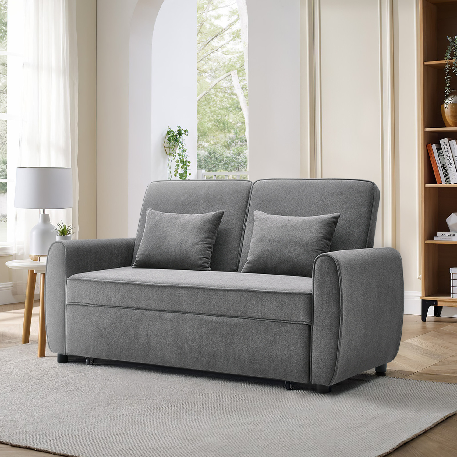 Fabric Convertible Sofa Bed With Two Pillows - Dark Grey