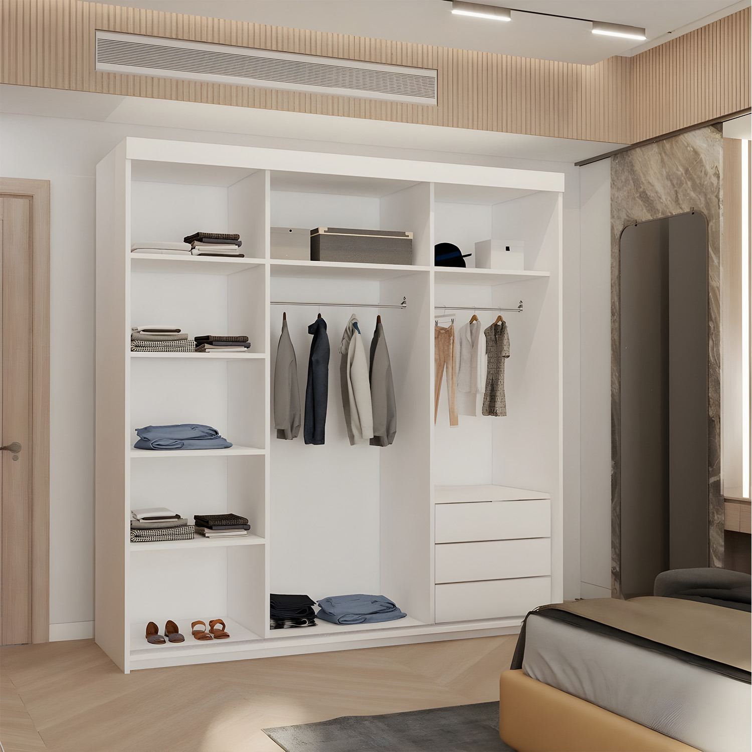 Swiss Modern Mirrored Sliding Wardrobe - White 200cm