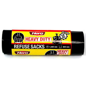 Hero 80L Heavy Duty Bin Bags Black Large Roll of 12 Bags