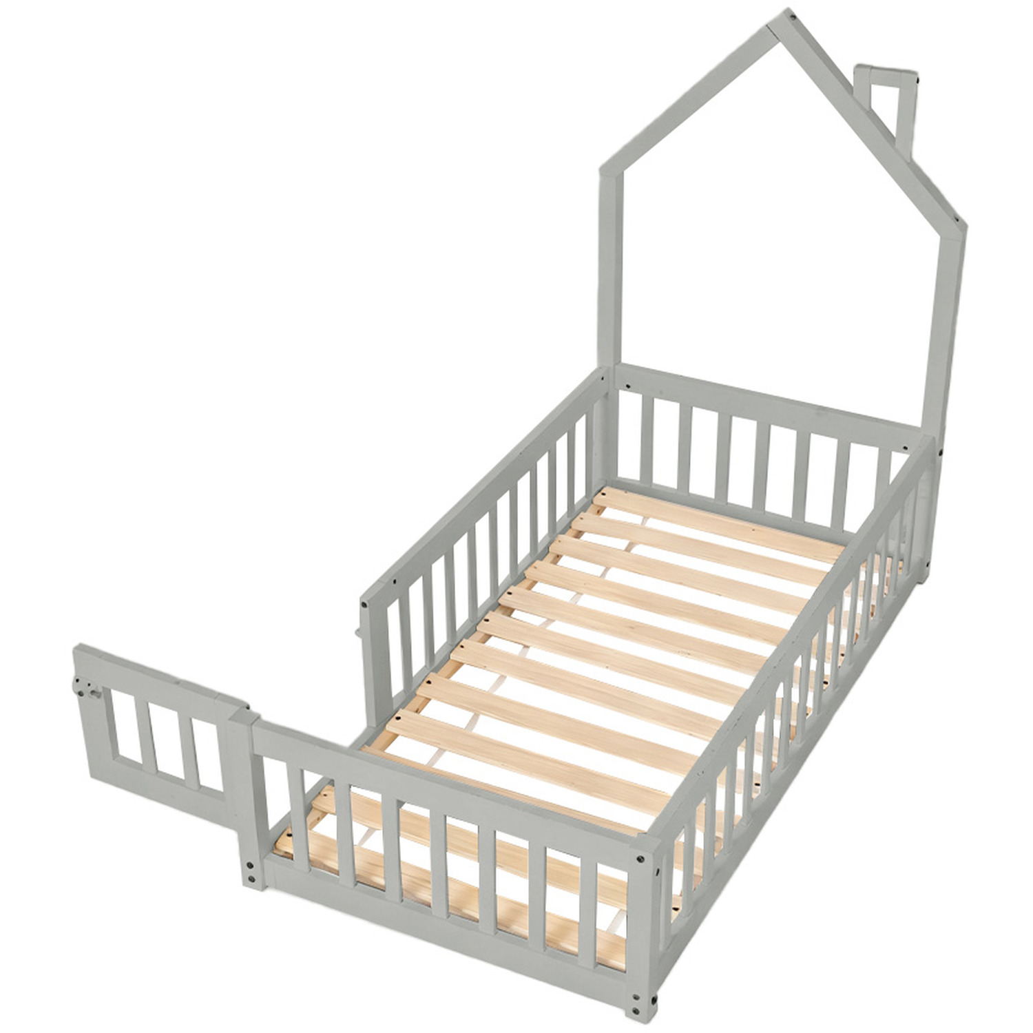 House-shaped Pine Wood Bed Frame - Grey