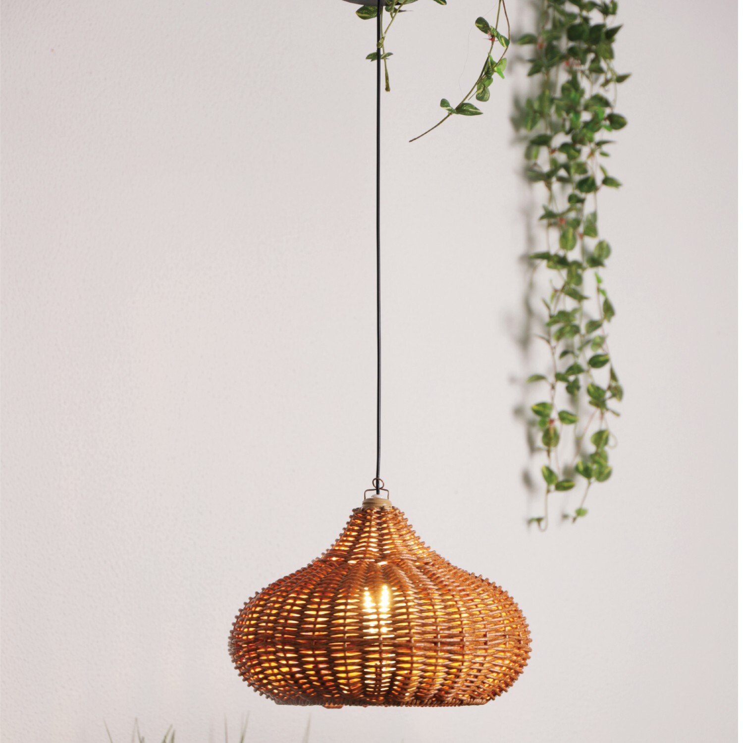 Solar Rattan Effect Pendant Light - Brown