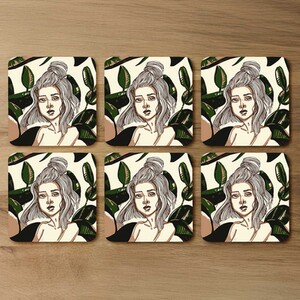 Young woman in tropical leaves Designer Coaster Set