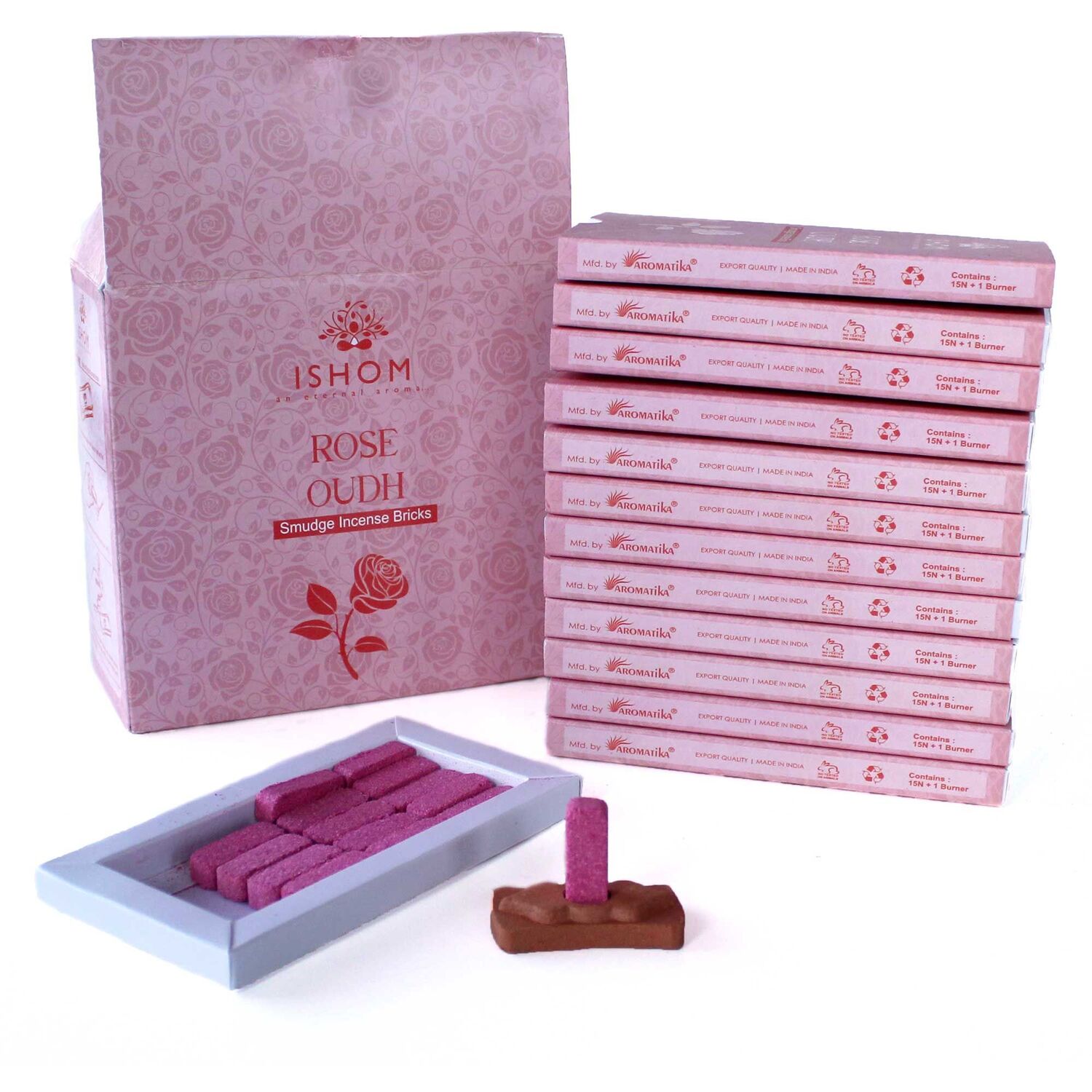 Pack of 15 Natural Incense Smudge Bricks and Burner Rose Wood - Pink