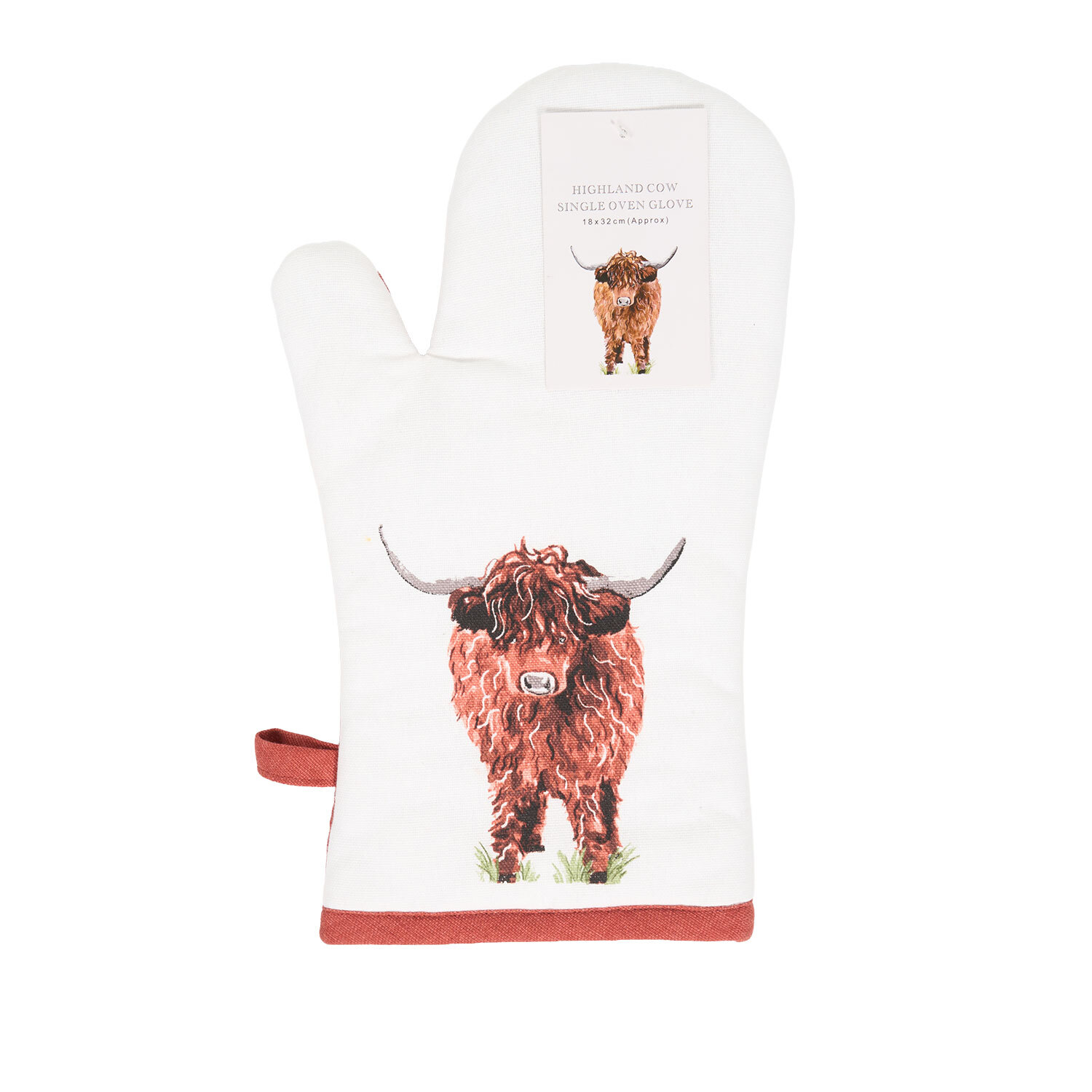 Highland Cow Design Single Oven Glove - White