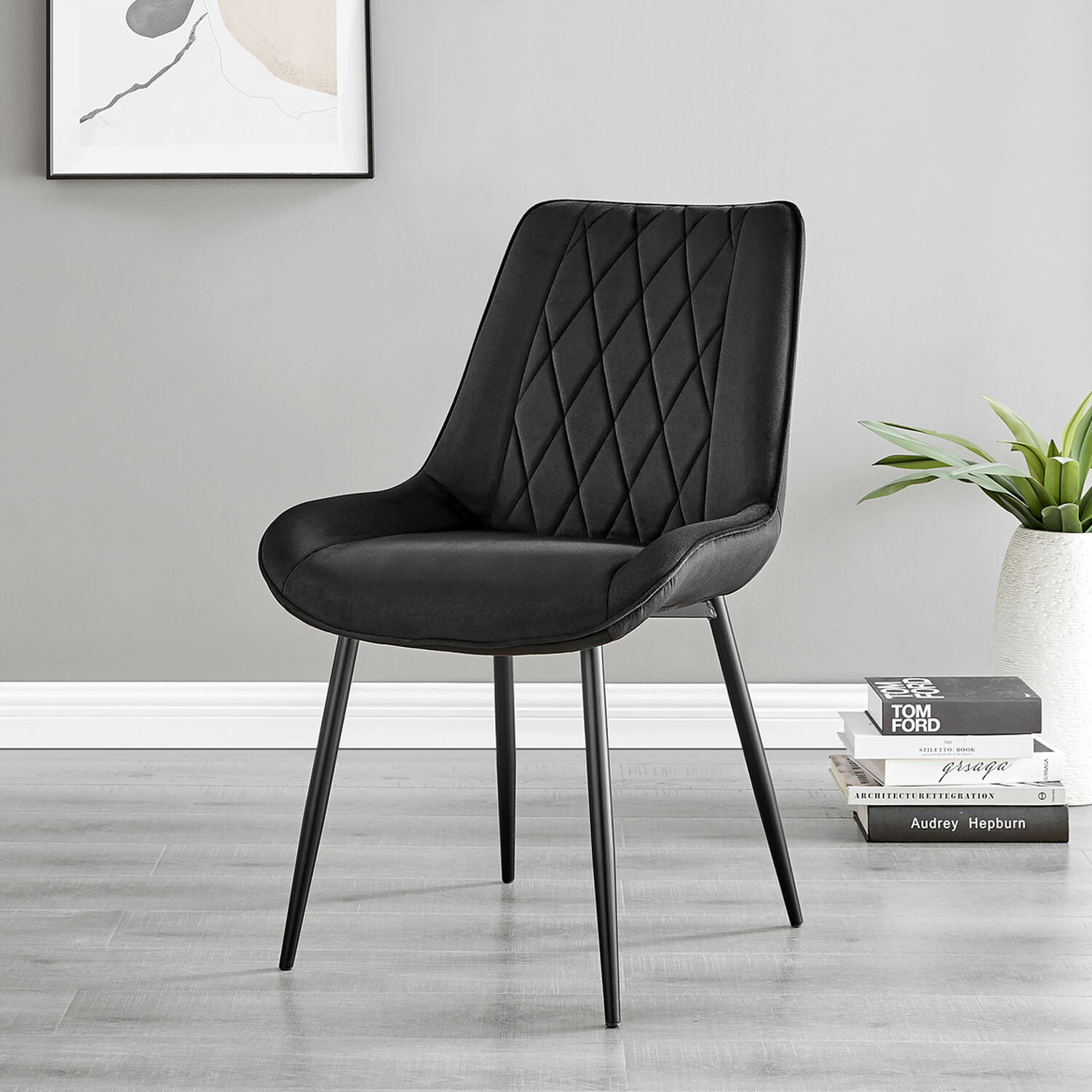2 Pesaro Velvet Dining Chairs Black Legs - Black