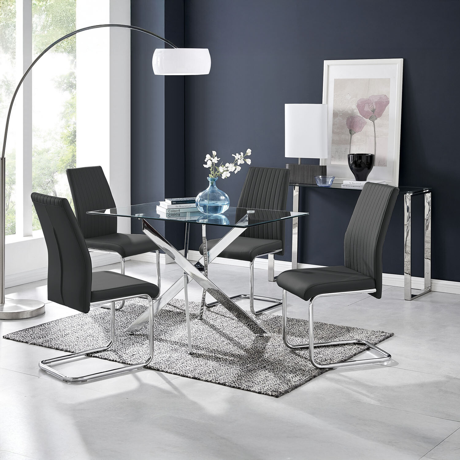 Leonardo Glass and Chrome Metal Dining Table and 4 Lorenzo Dining Chairs - Black