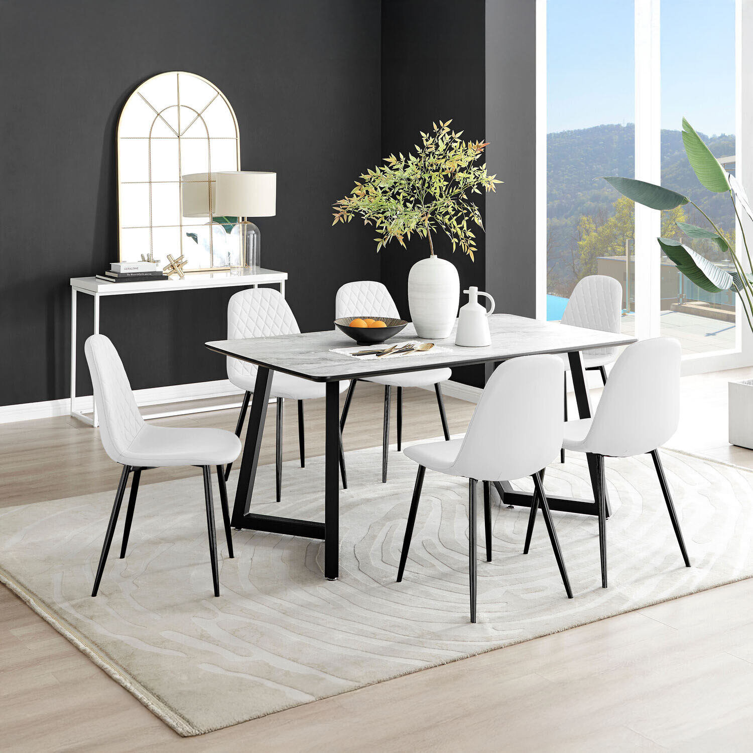 Furnitureboxuk Carson White Marble Effect Dining Table And 6 Corona Black Leg Chairs - White
