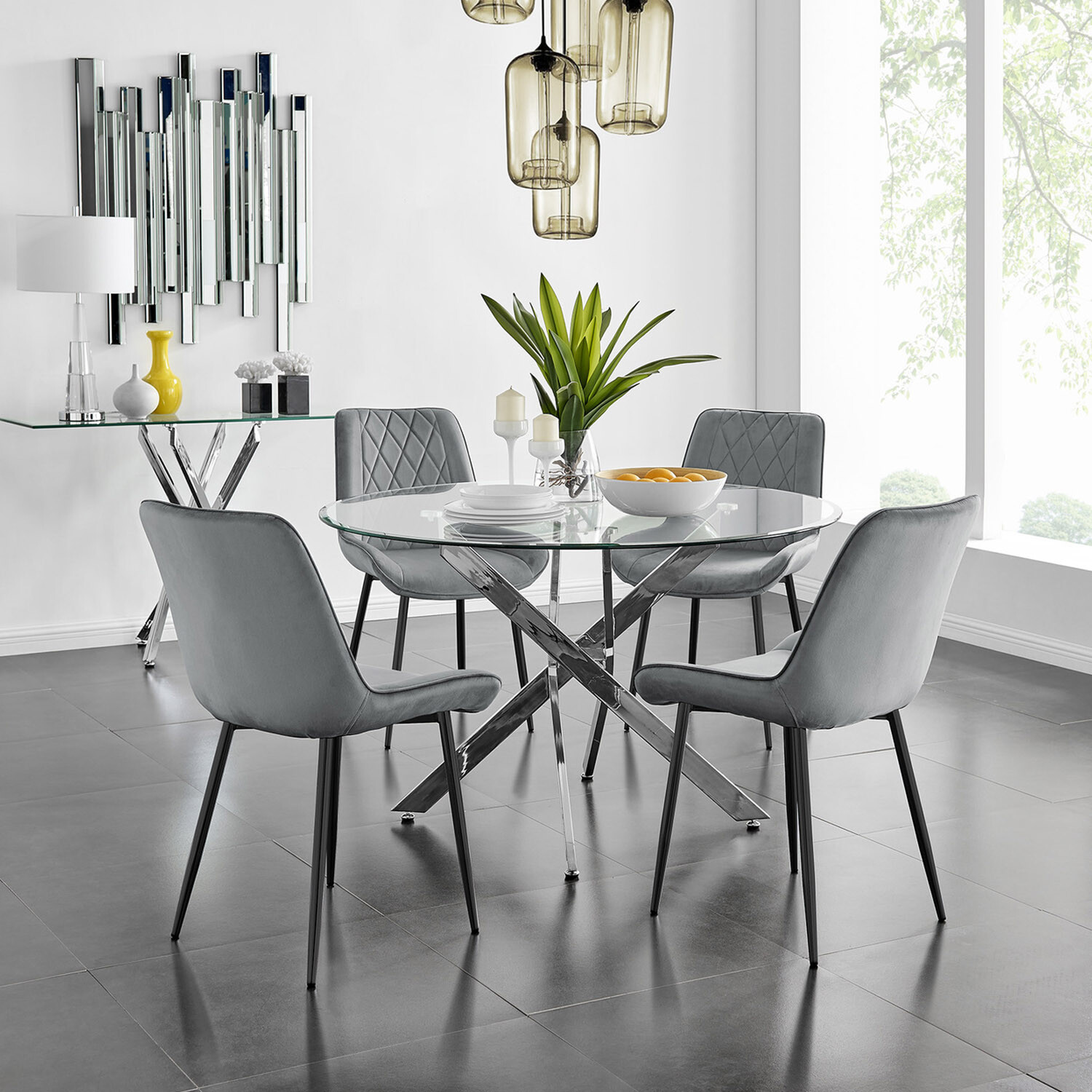 Novara Round Dining Table With Four Pesaro Black Leg Chairs - Grey