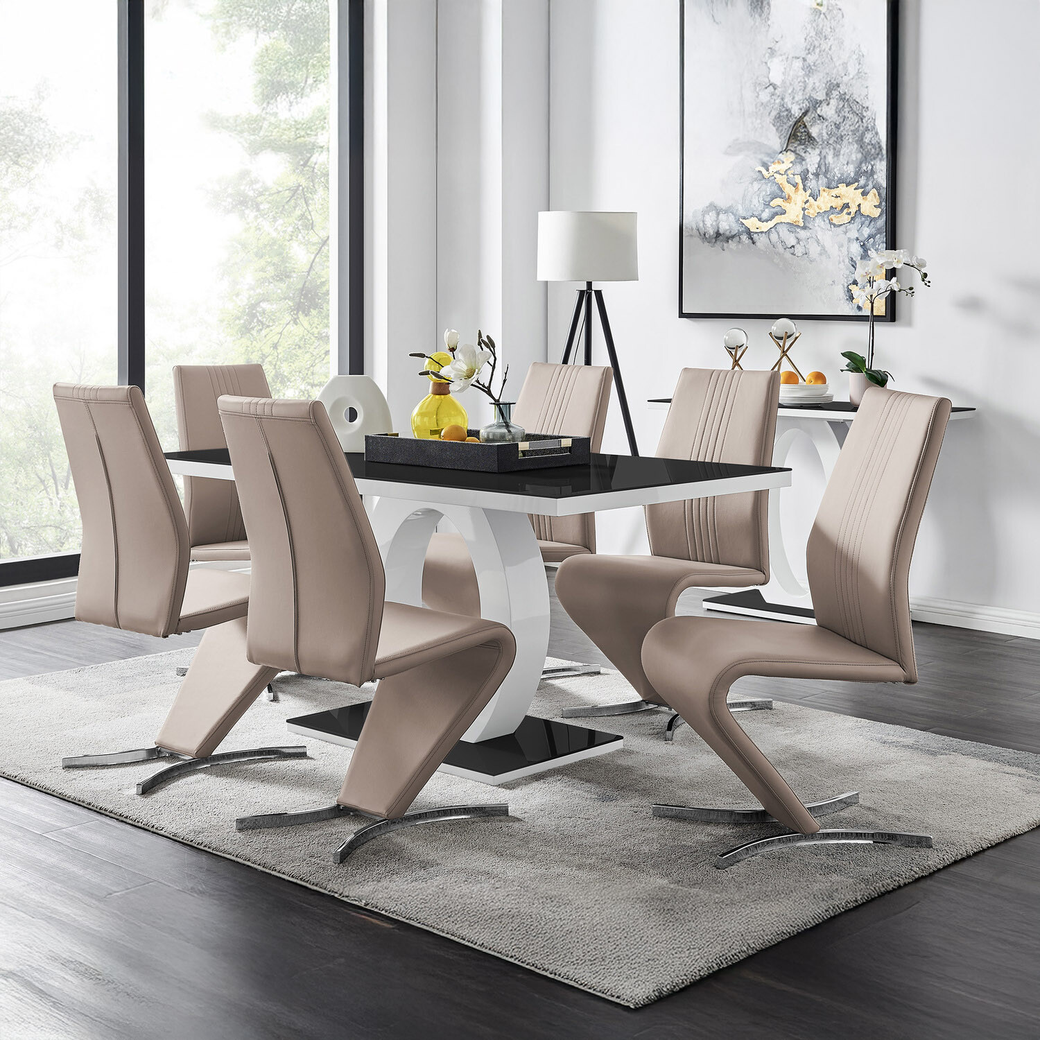 Giovani High Gloss And Glass Dining Table And 6 Willow Chairs Set - Cappuccino