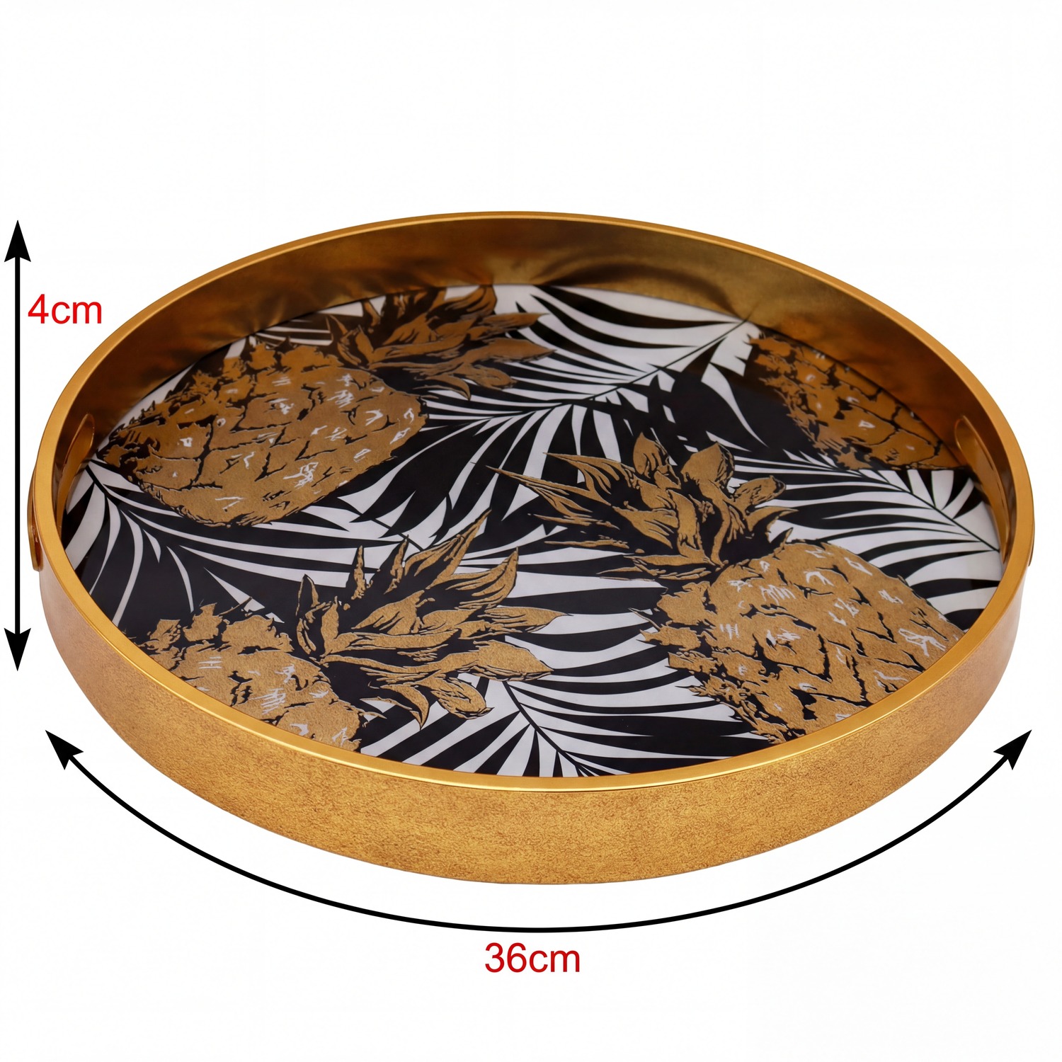 Round Tropical Pineapple Mirrored Serving Tray - Gold