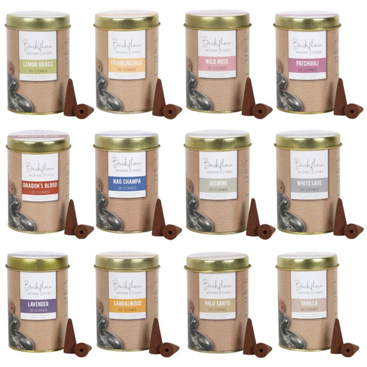 Handmade Tins Backflow Incense Cones, Assorted Fragrances, Vegan - Brown