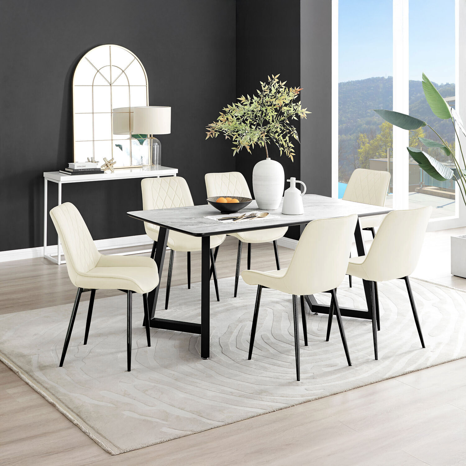 Furnitureboxuk Carson White Marble Effect Dining Table And 6 Pesaro Black Leg Chairs - Cream