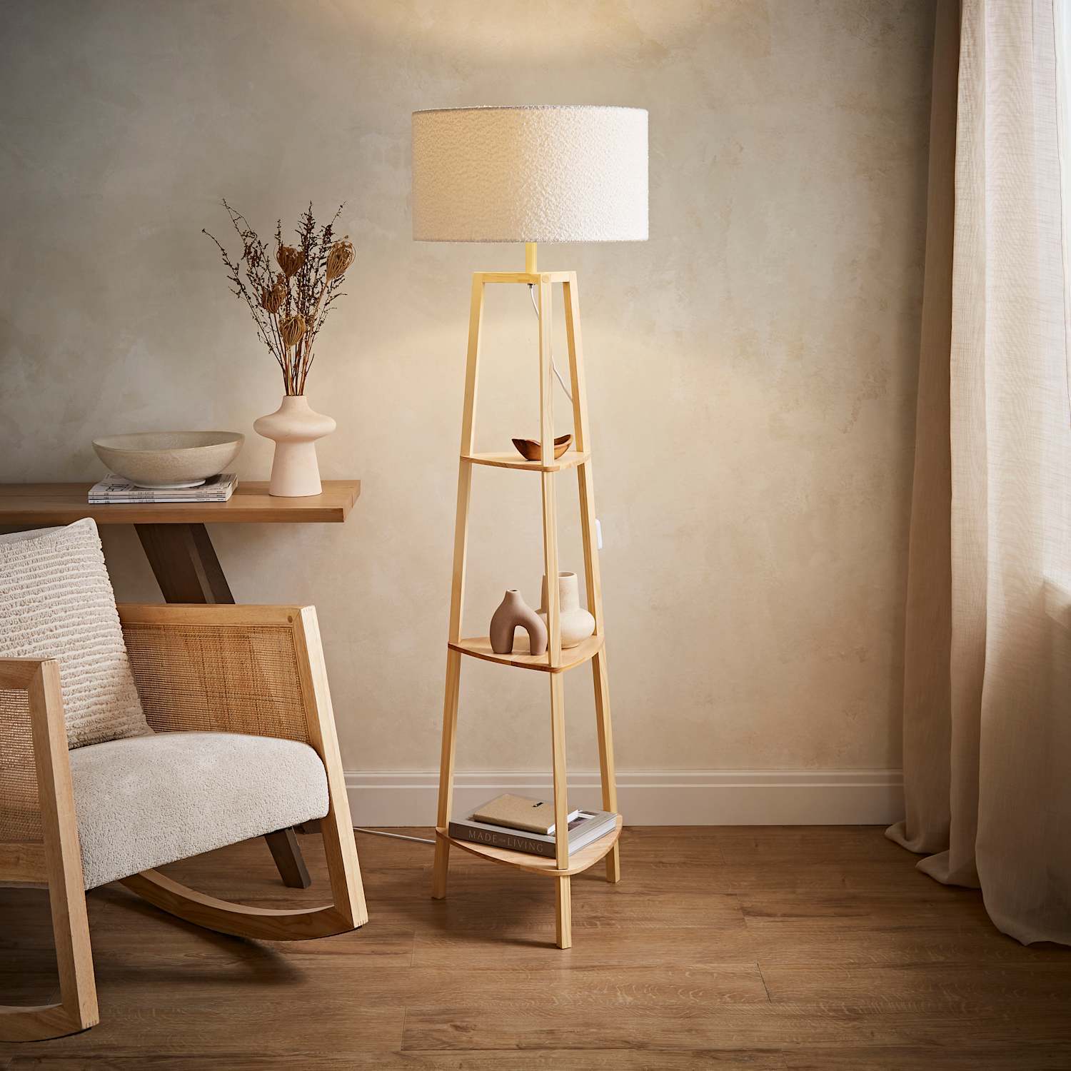 Valuelights Hiru 3 Tier Shelf Wooden Floor Lamp With Large Boucle Reni Shade - Image 2