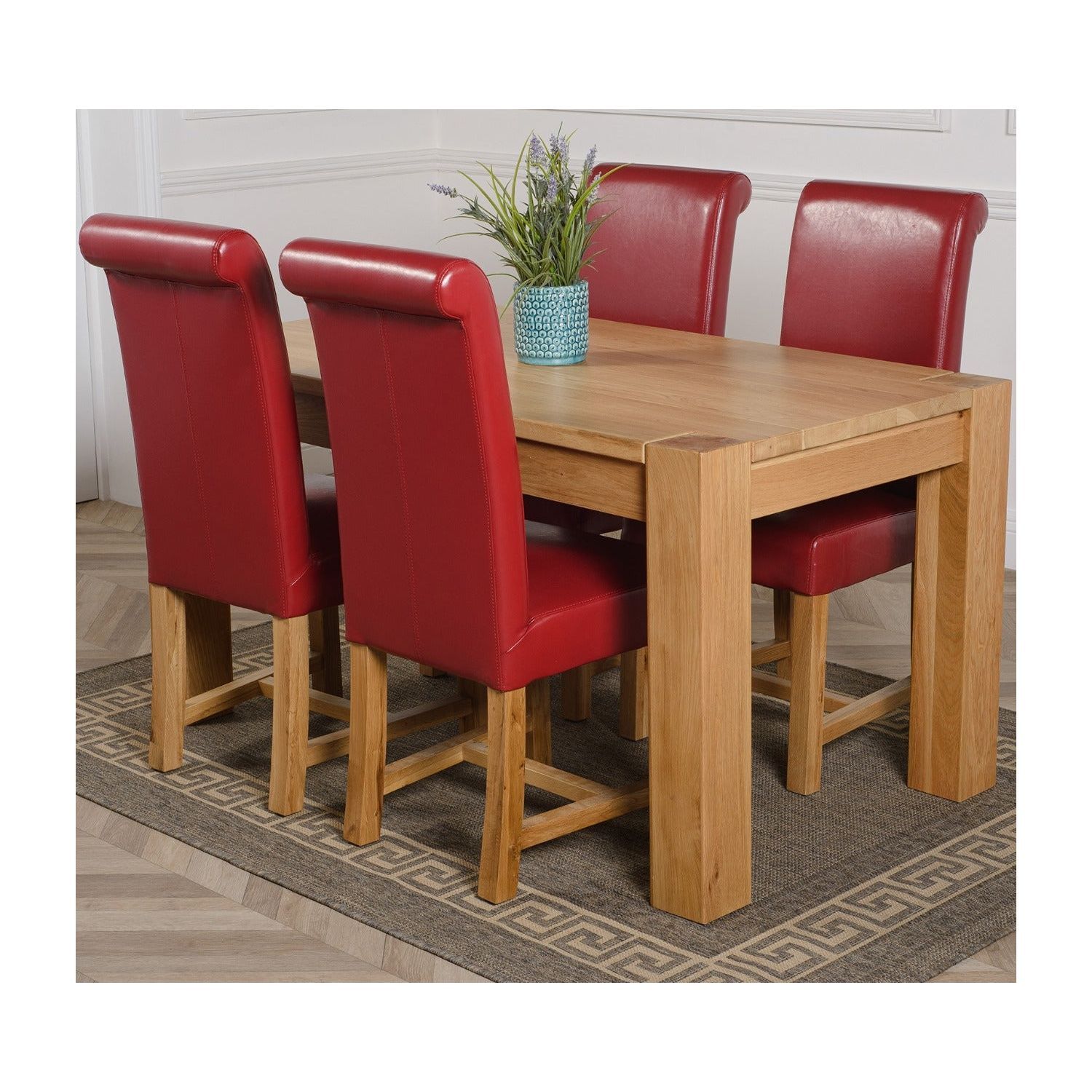 Oak Dining Table and 4 Burgundy Leather Chairs Set - 150 x 85 cm Kuba Chunky Medium Oak - 4 Seater - Image 2