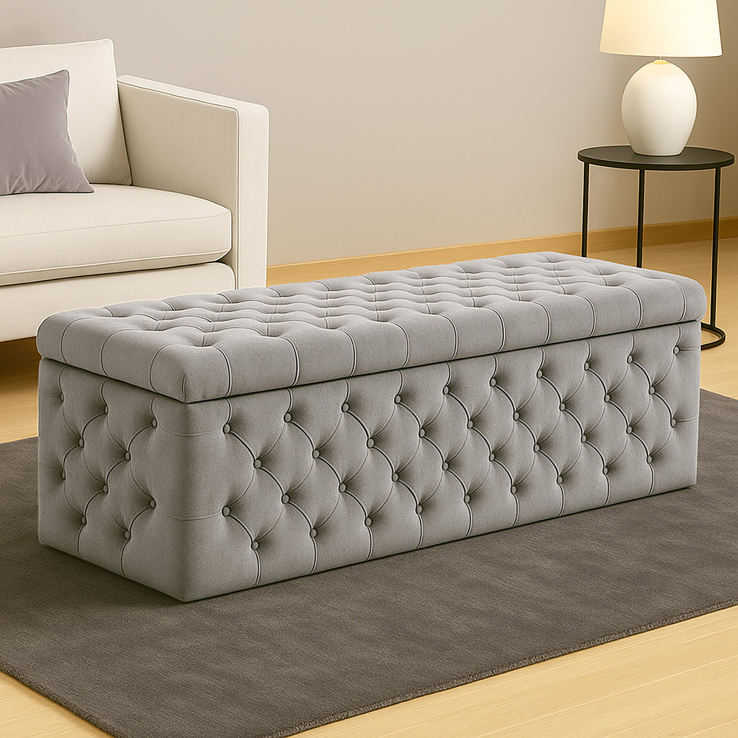 R&M Furnishers Wide Lux Ottoman Storage Box, Cream Velvet Upholstered Chesterfield Storage Ottoman Box - Silver Plush Velvet