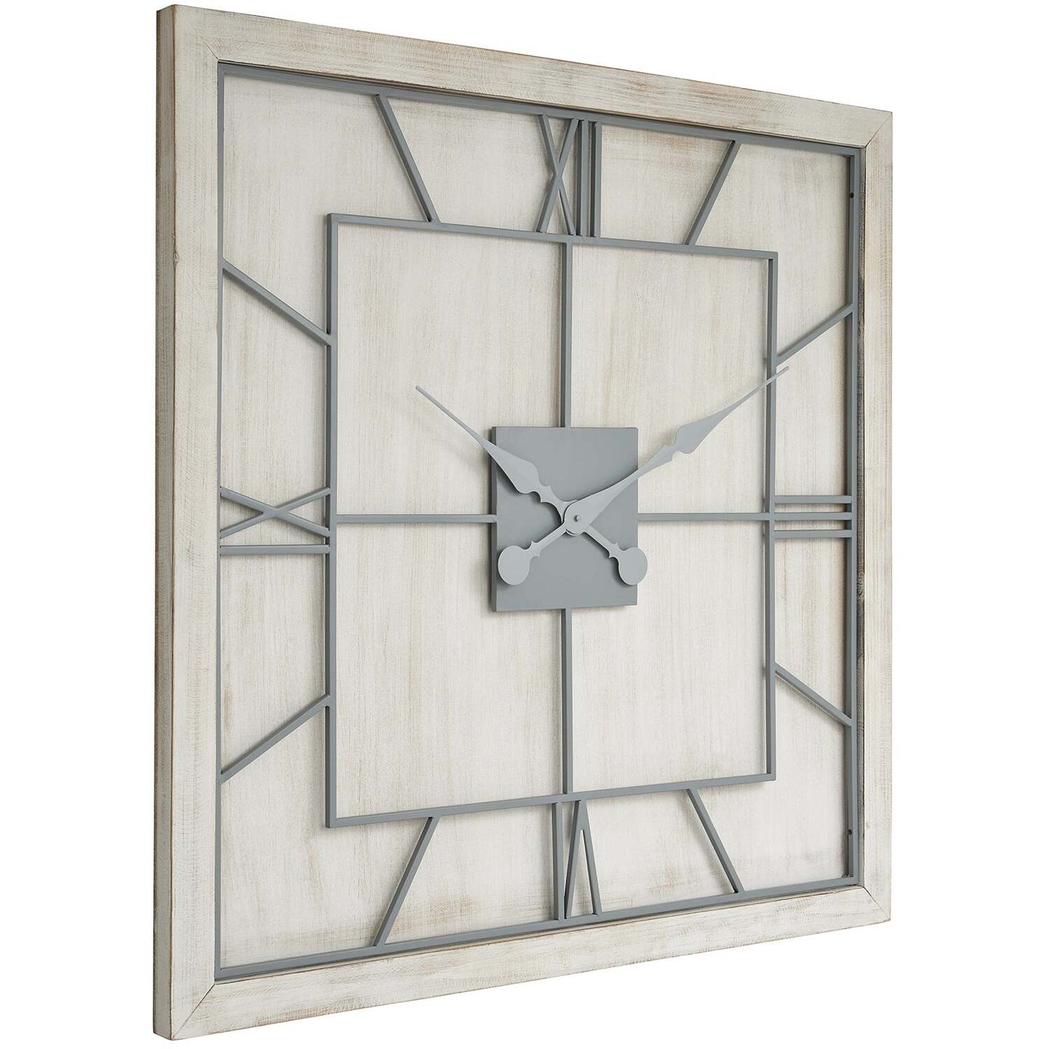 Square Washed Rustic Skeleton Wall Clock - White