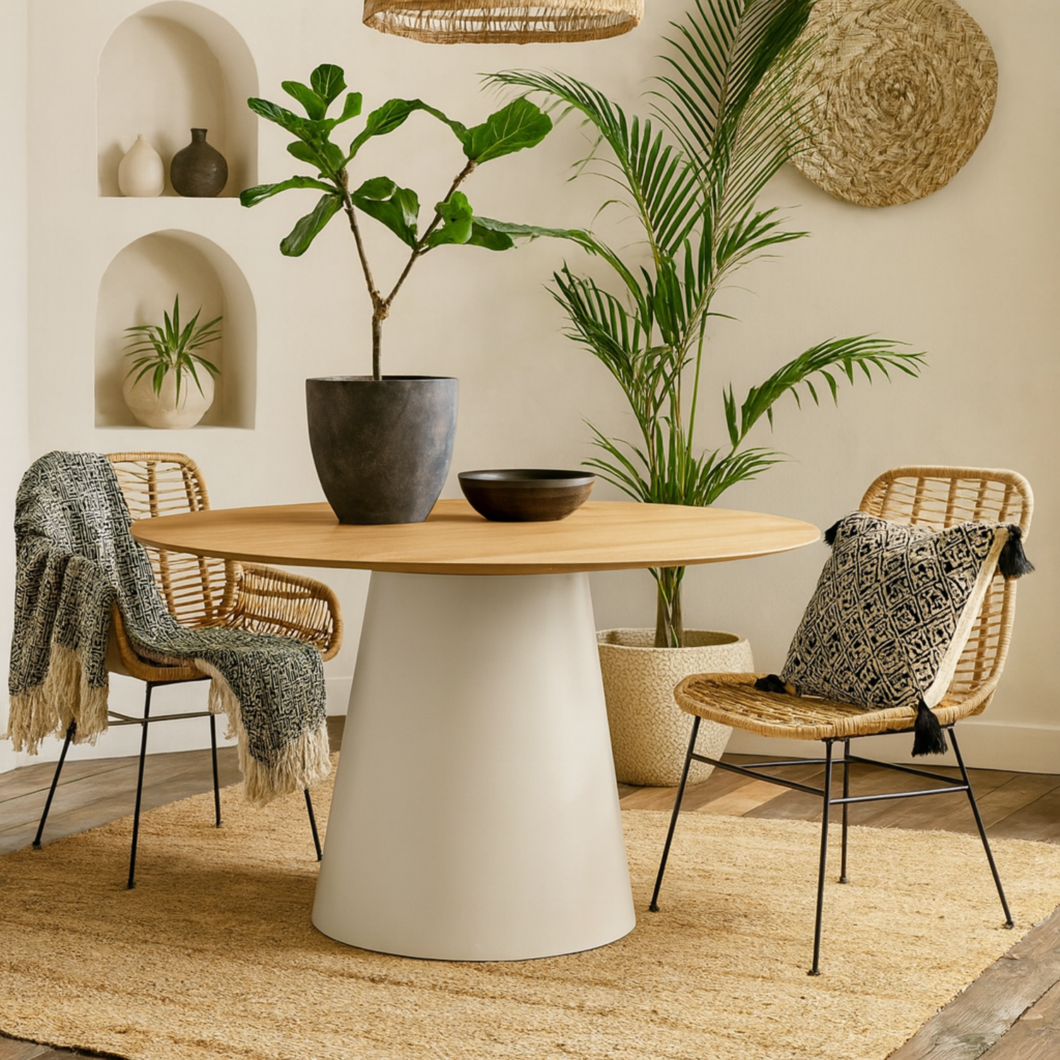 Hamburg Round Veneer Dining Table with Steel Pillar Base - Natural