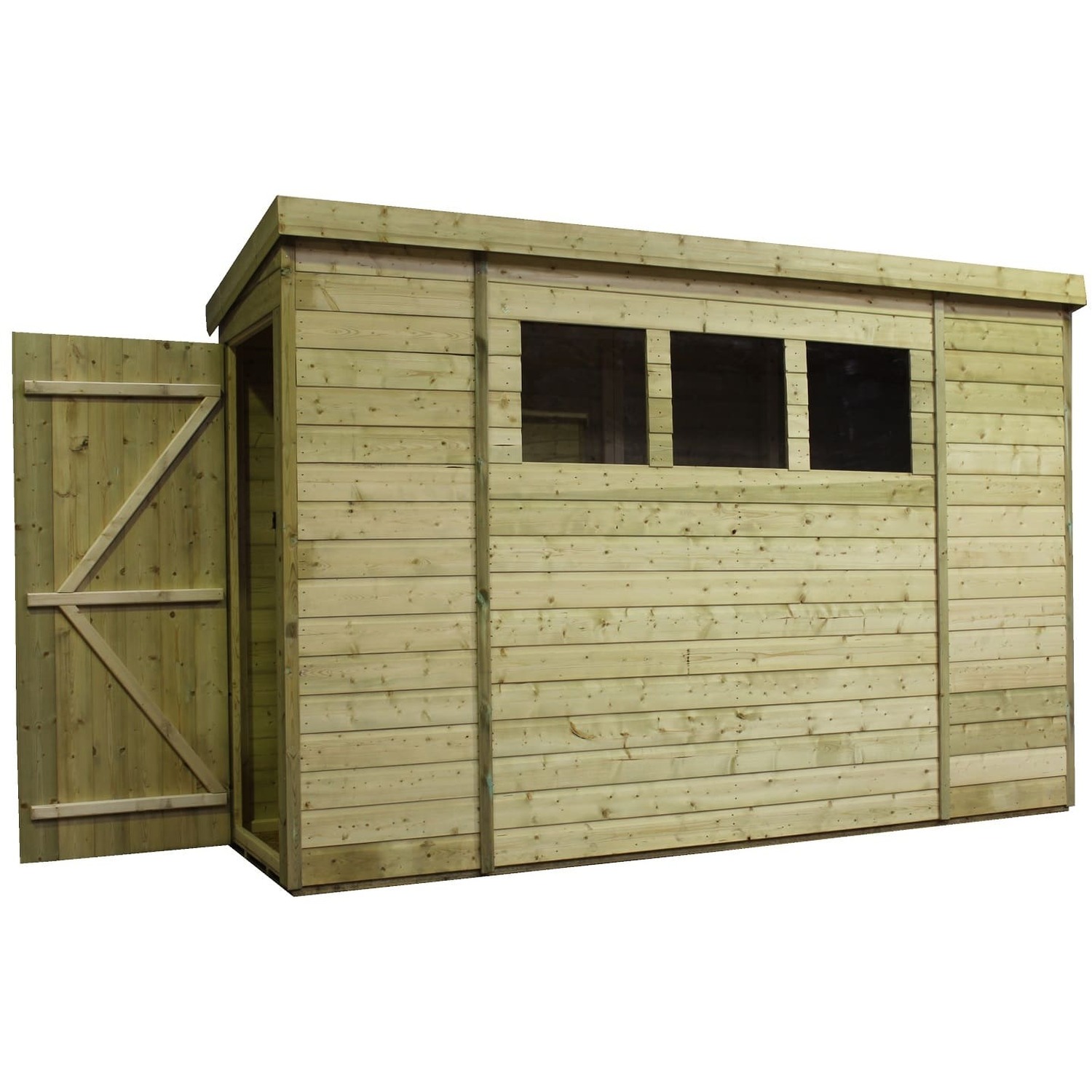 Empire 2600 12x3 Pent Garden Shed with a Single Door on Left Side Panel & 3 Windows - Green