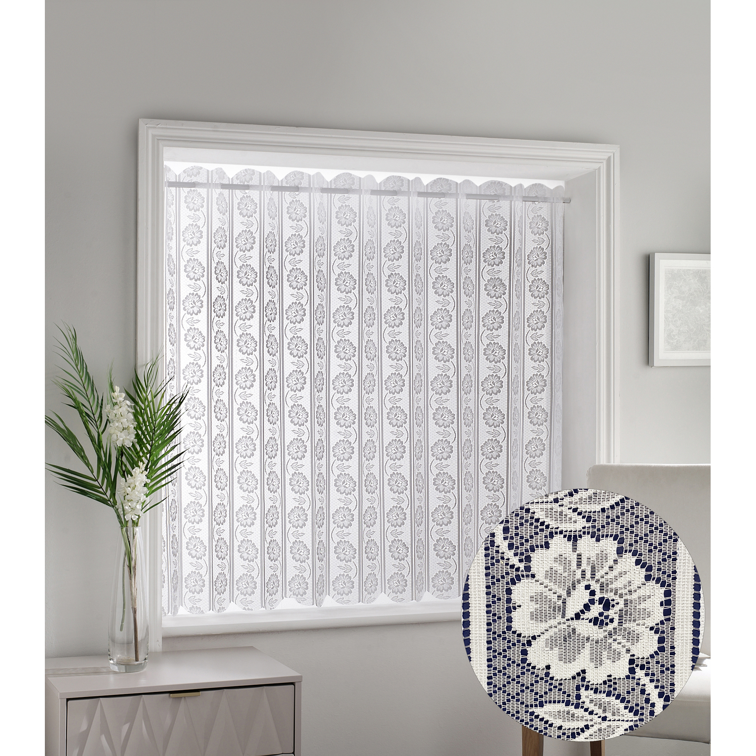Milan - White Floral Patterned Vertical Window Blind, Pleated Lace Panel Curtain - White / 122cm
