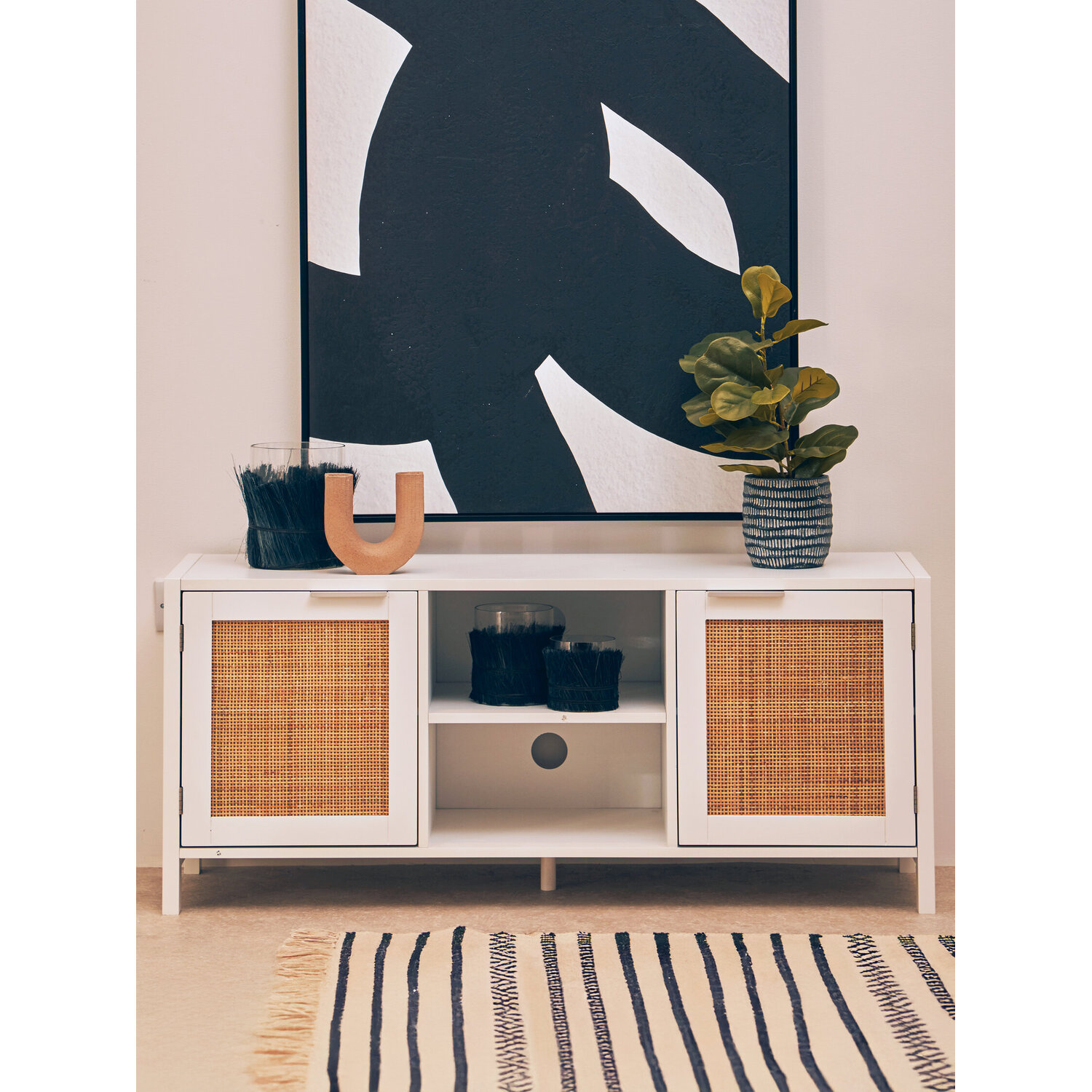 Sherman White Wood and Rattan Media Unit - White