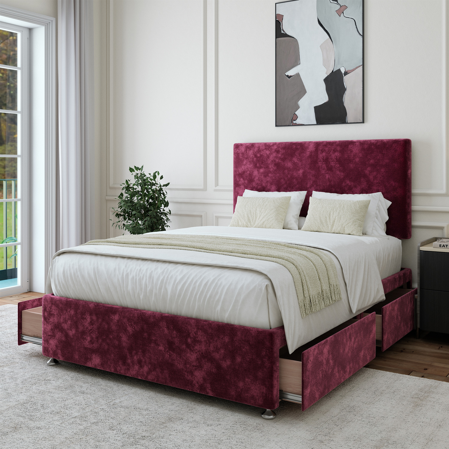 Chenille Divan Base With Storage And Plain Headboard - Colour Options - Aubergine Small Double 50kg