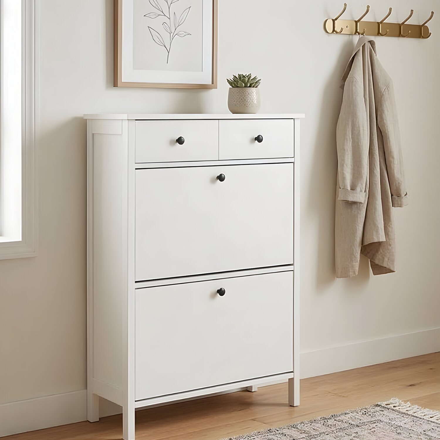 Kira White Shoe Storage Cabinet - Slim Wooden Shoe Rack For Hallway - Classic White