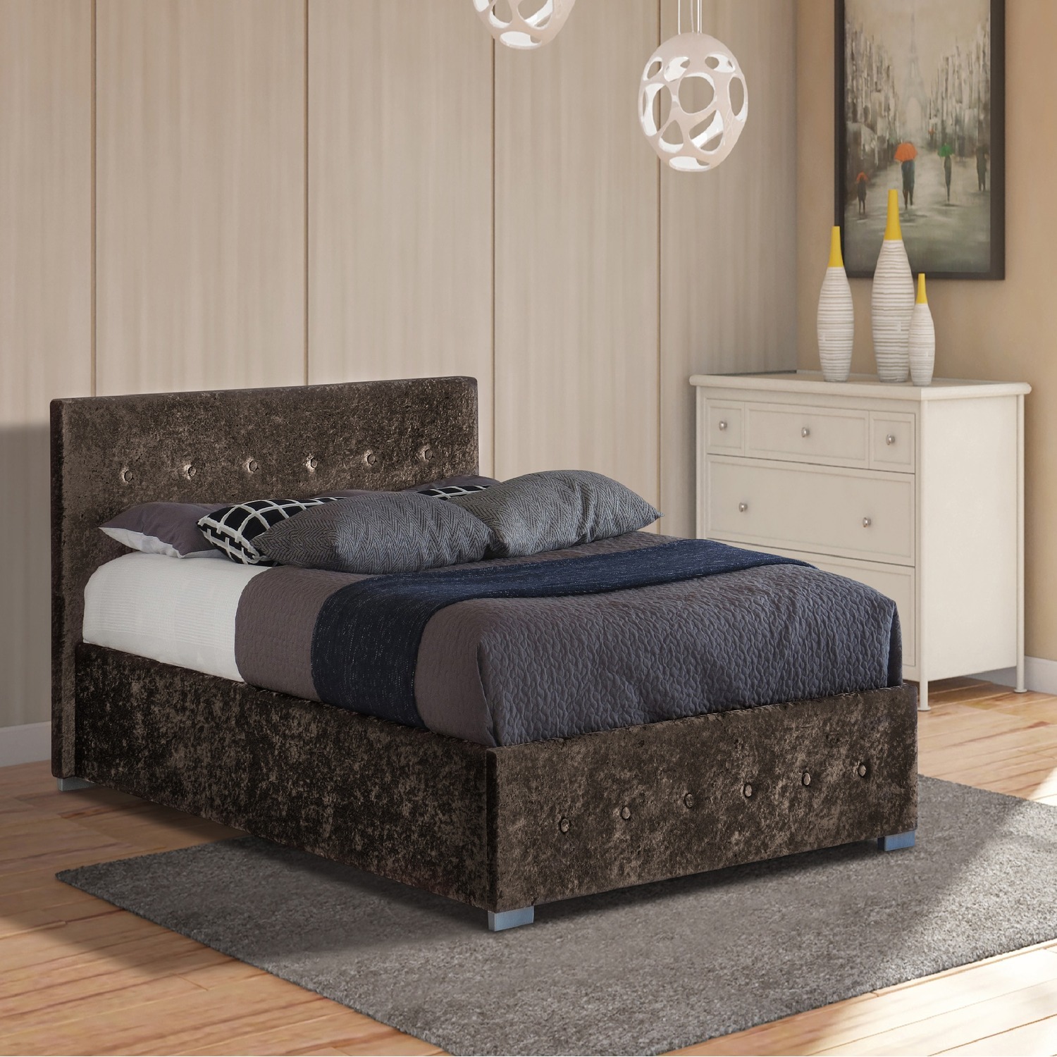 Brown Crushed Velvet Ottoman Storage Gaslift Bedframe - Brown / King