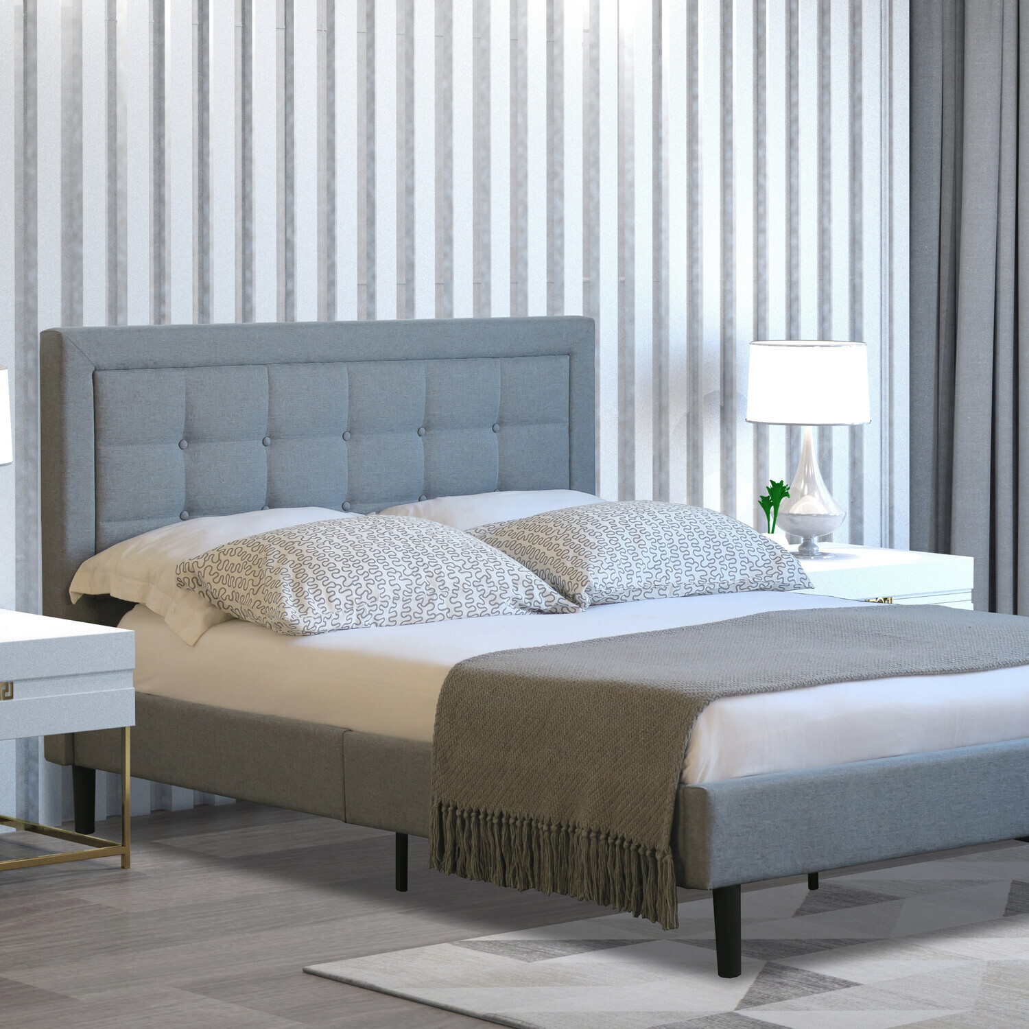Buttoned Headboard Grey Fabric Bed Frame - Light Grey King