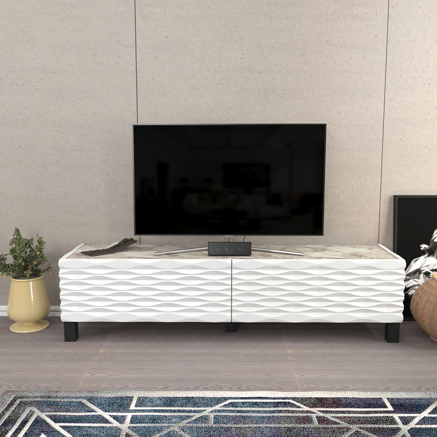 Decorotika Lerze Tv Unit Tvs Up To 65" - White Marble Effect And White