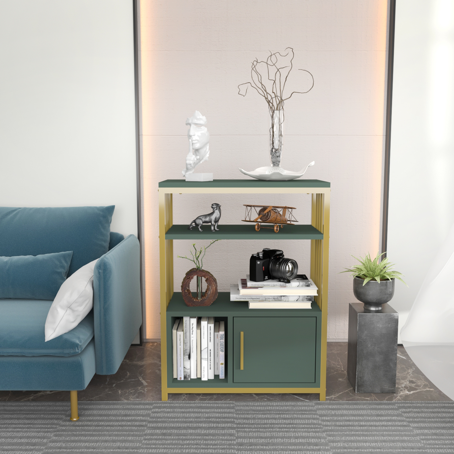 Decorotika Letos Bookcase With Metal Frame - Green And Gold