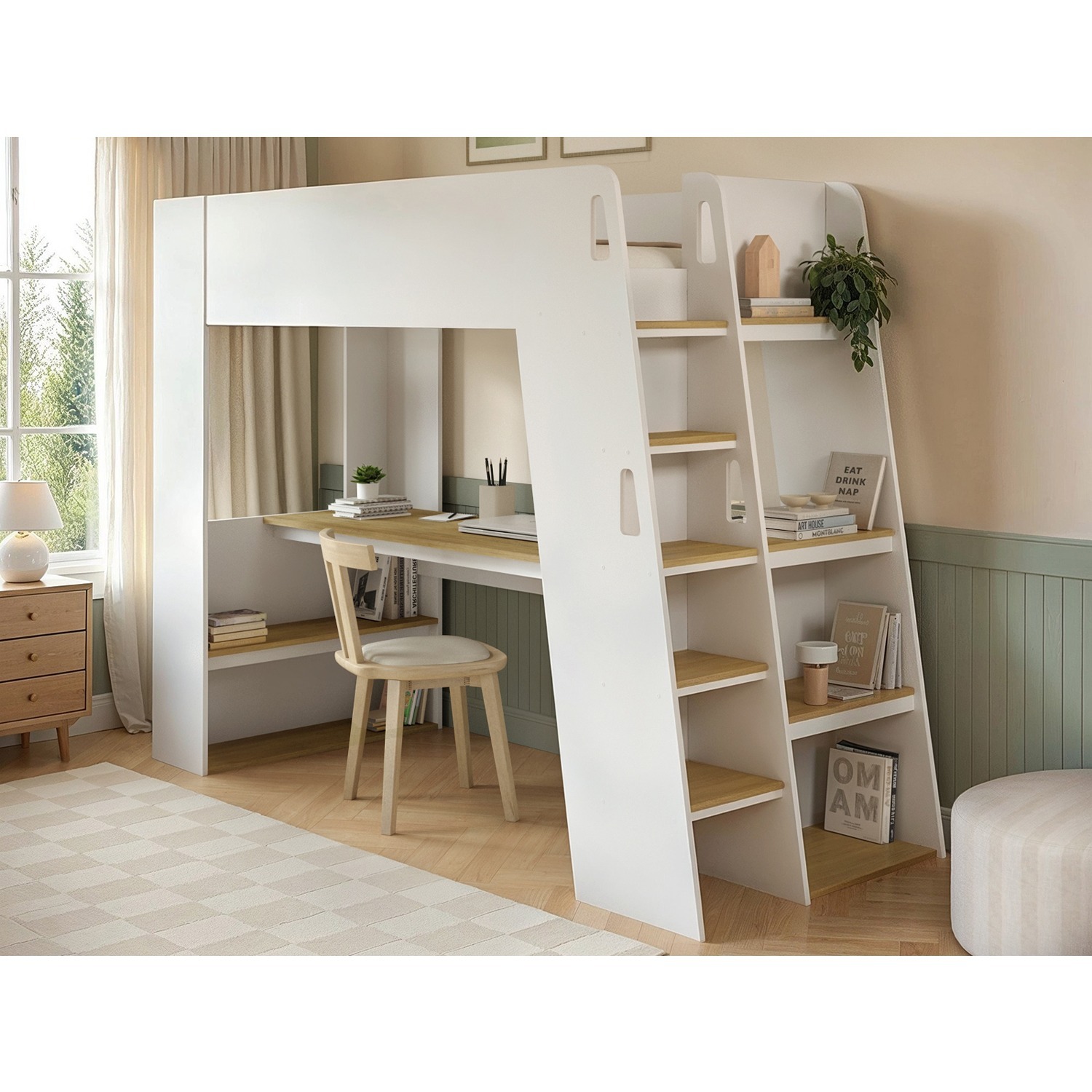Fern Staircase High Sleeper White & Oak - White