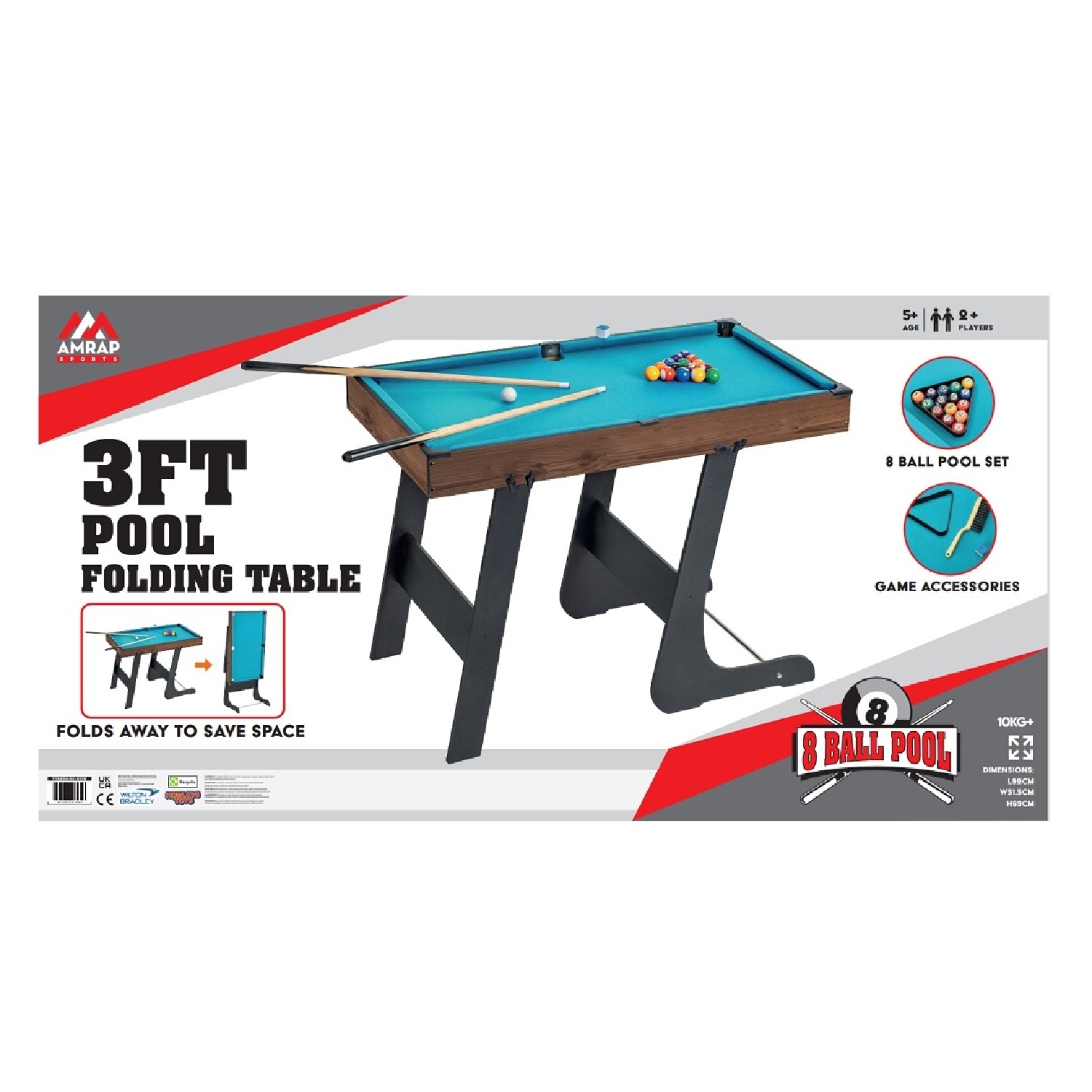 AMRAP 3ft Folding Pool Table With Balls and Cues - Brown