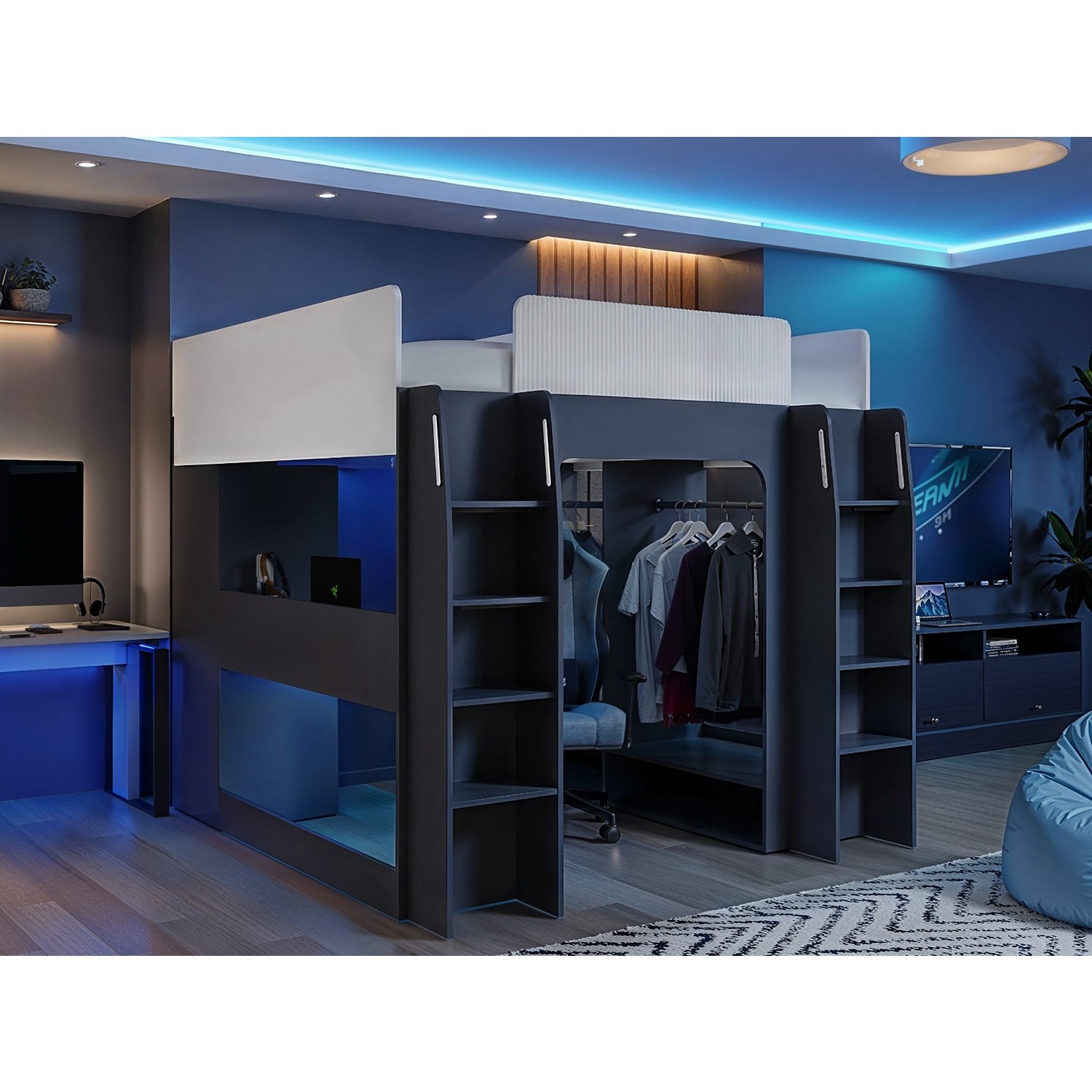 Dante Twin Gaming High Sleeper with Desk & Wardrobe - Grey