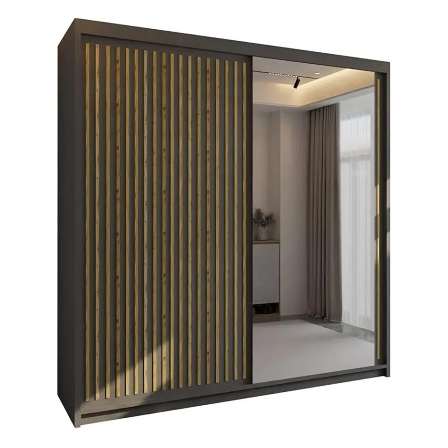 Sliding Wardrobes 4U London Sliding Wardrobe With Mirror Door & Strip Design, Space Saving Sliding Door Wardrobe With Shelves & Hanging Rail - Grey/Oak 203Cm