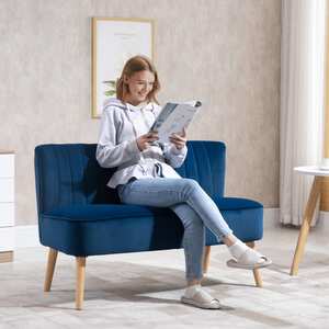 Haleco Dark Blue Velvet-Feel 2-Seater Sofa, Panel-Tufted Back, Natural Wooden Legs