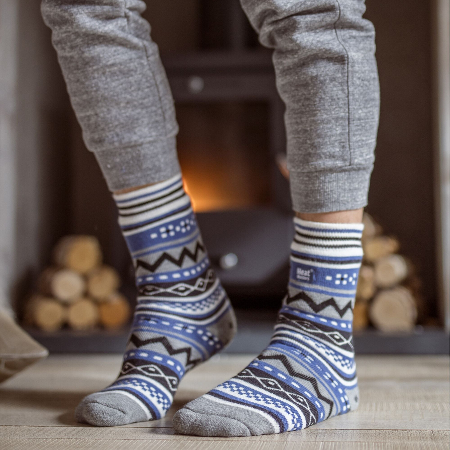 Heat Holders Mens Nordic Patterned Non Slip Thermal Slipper Socks with Grippers - Black Nylon - Size 6-11