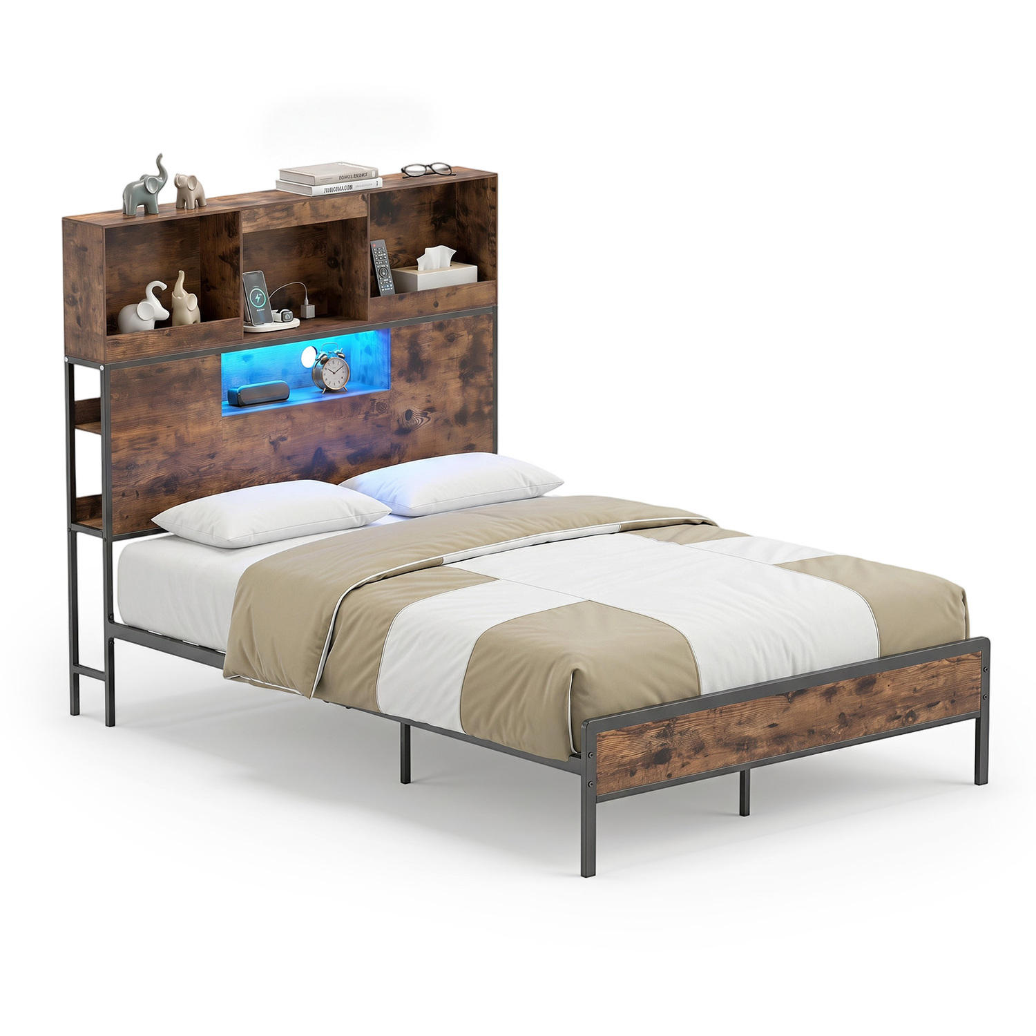 Costway Industrial Metal Platform Bed With Storage Headboard - Brown - Image 1