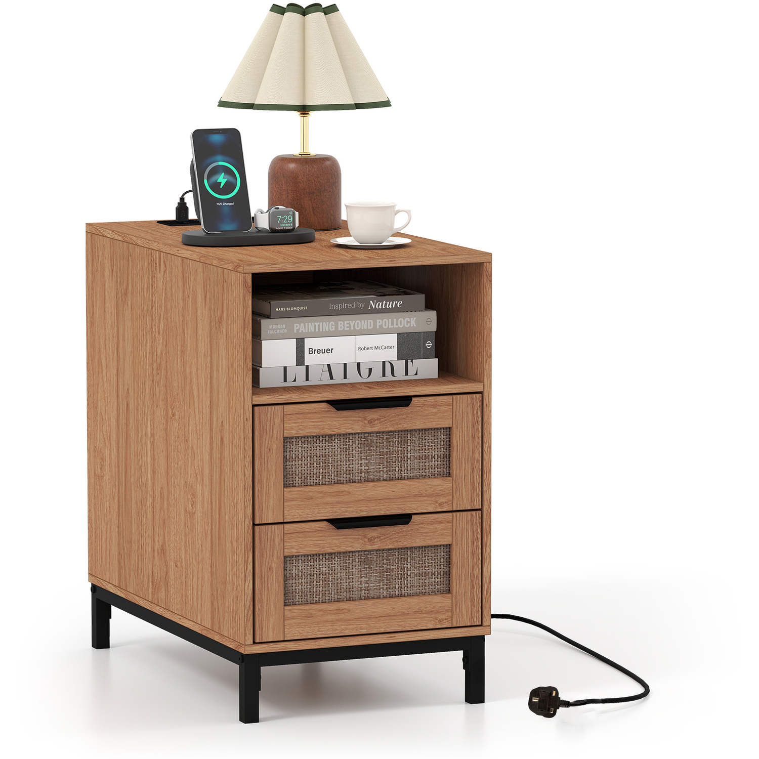 Costway Narrow End Table With Charging Station - Brown