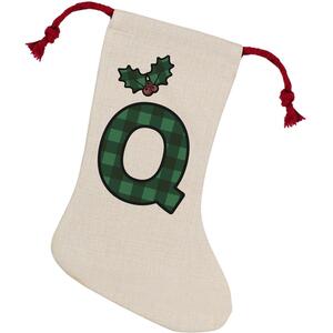Green Tartan Alphabet Letter Q Stocking - Novelty Xmas Gift - Linen-Style With Red Drawstring Ties