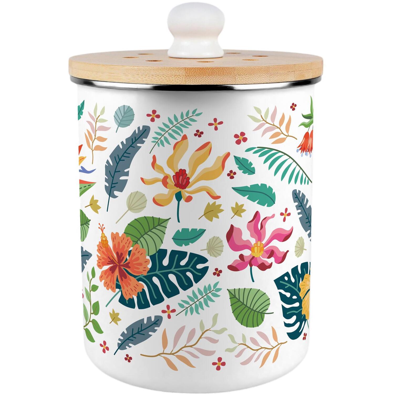 Purely Home Tropical Flowers Food Waste Caddy - Metal 2L Decorative Kitchen Compost Bin - Blue