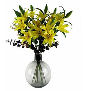 100cm Artificial Yellow Lily and Black Eucalyptus in Glass Ball Vase - Premium