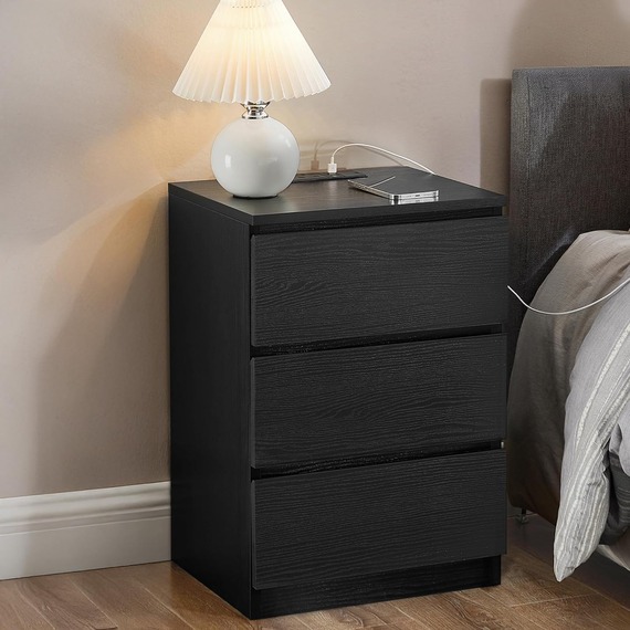 VASAGLE Bedside Table with Power Strip, Side End Table with Drawers