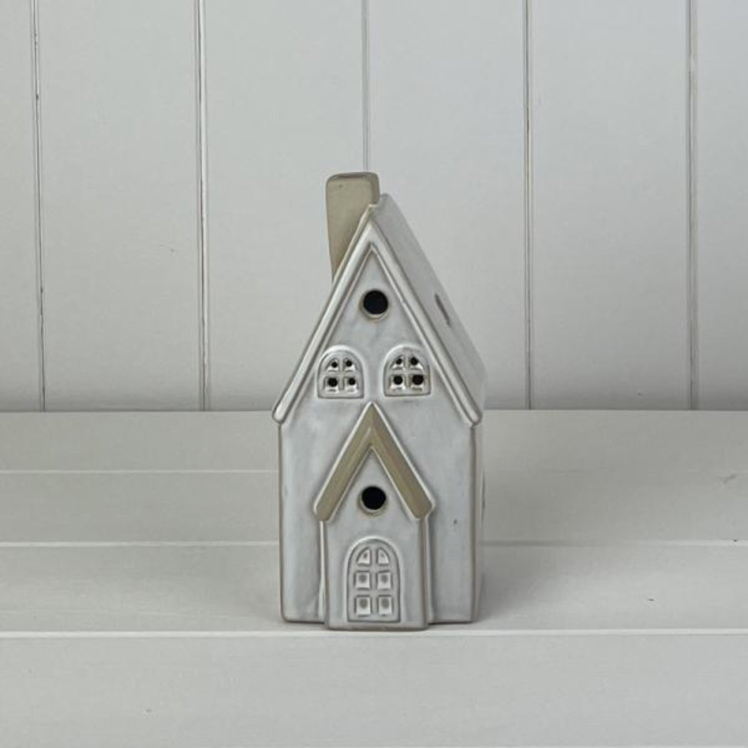 Kdmd Unisex Light Grey White Glazed Ceramic House Ornament With Led In - Image 1
