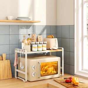 Expandable Microwave Bamboo Shelf with 4 Hooks