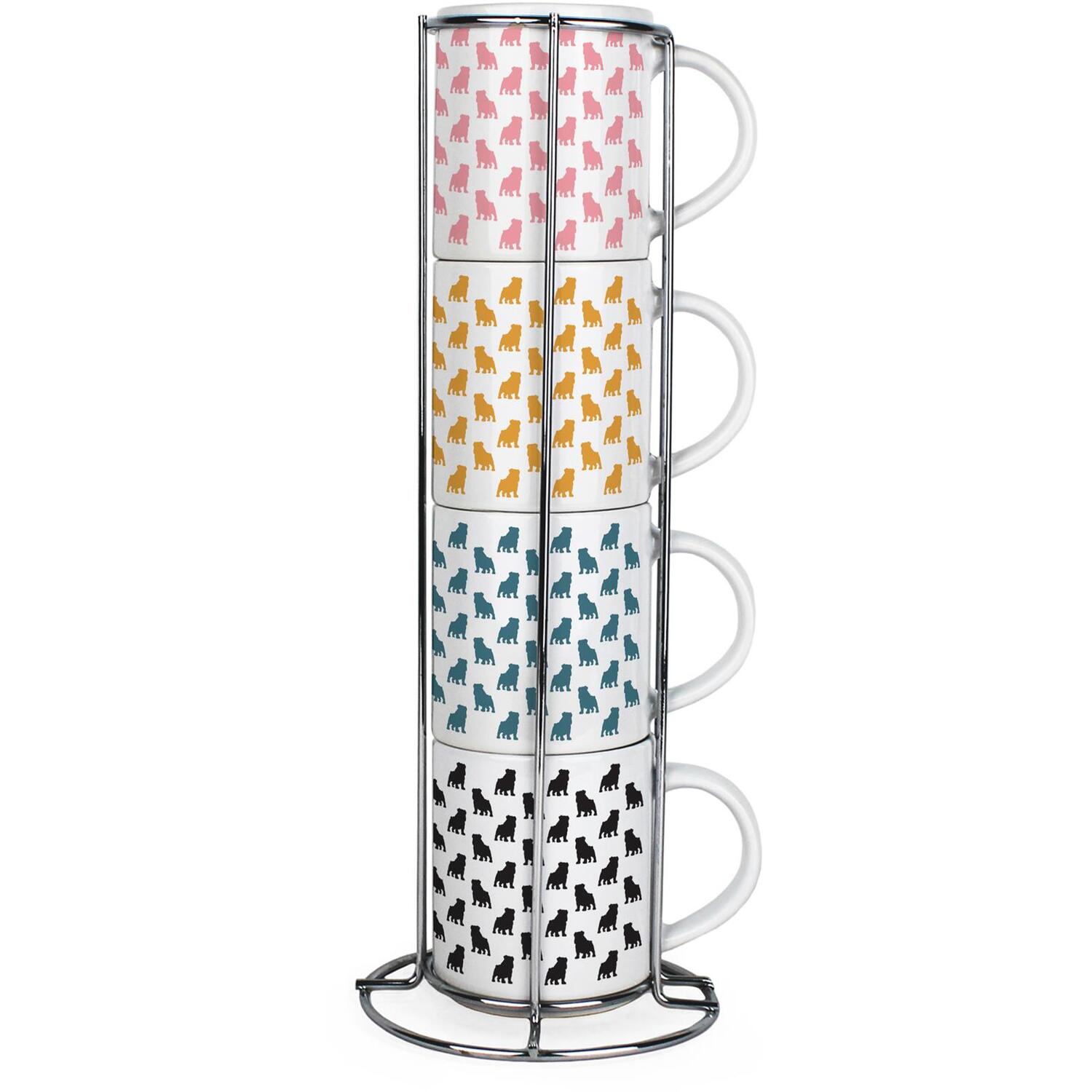 Purely Home Bulldog Silhouettes Small Stacking Mugs Gift - Set Of 4 Ceramic Cups With Metal Stand - Multicoloured
