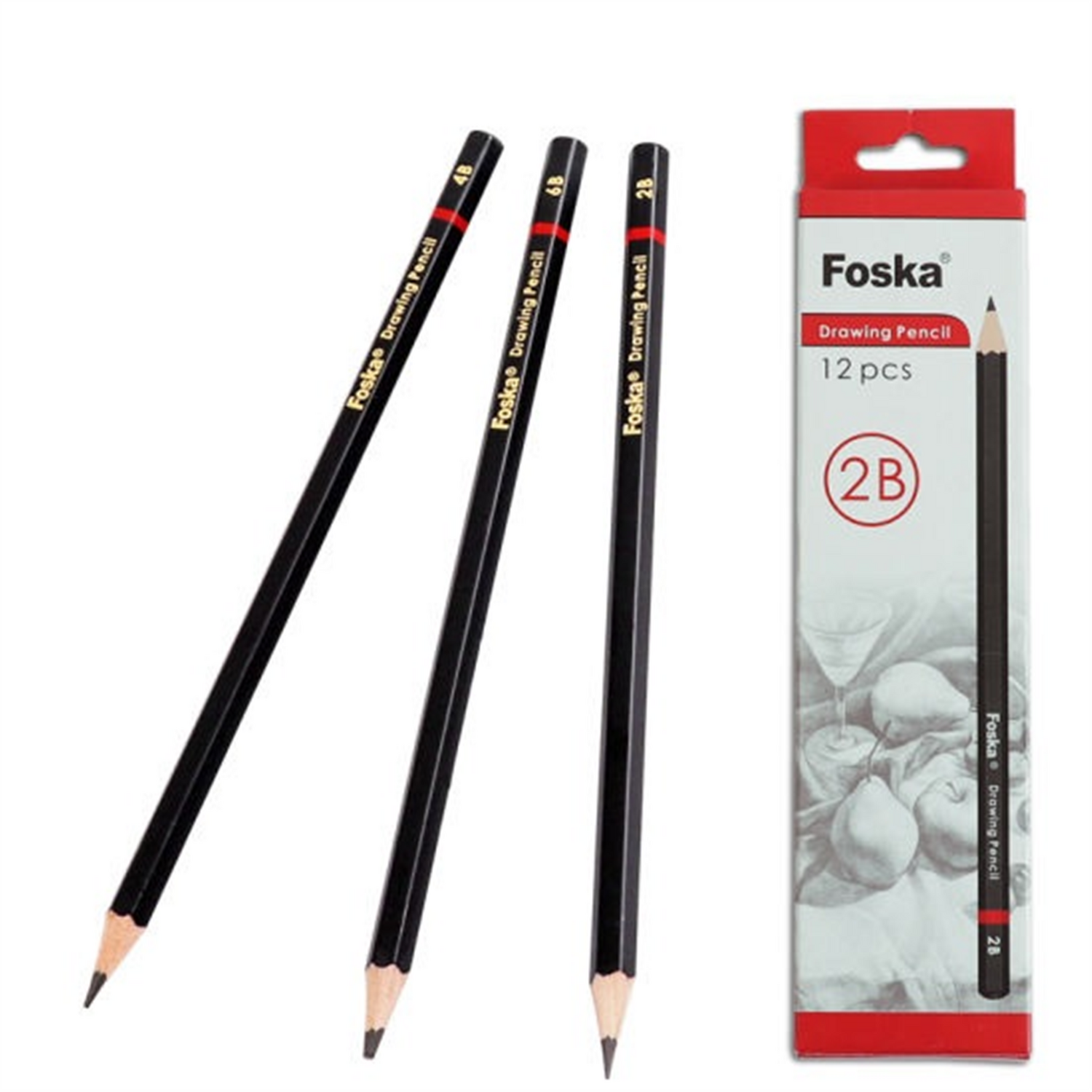 Foska Pack Of 12 2B Wooden Drawing Pencils - Multi
