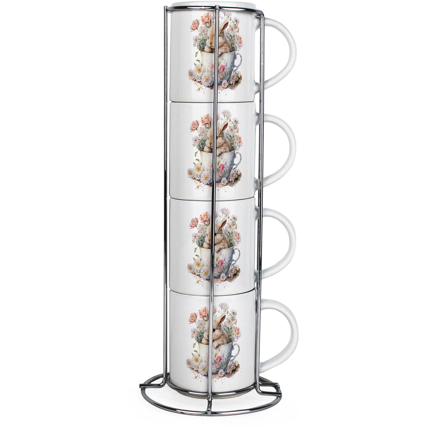 Purely Home Teacup Bunny Small Stacking Mugs Gift - Set Of 4 Ceramic Cups With Metal Stand - Multicoloured - Image 1
